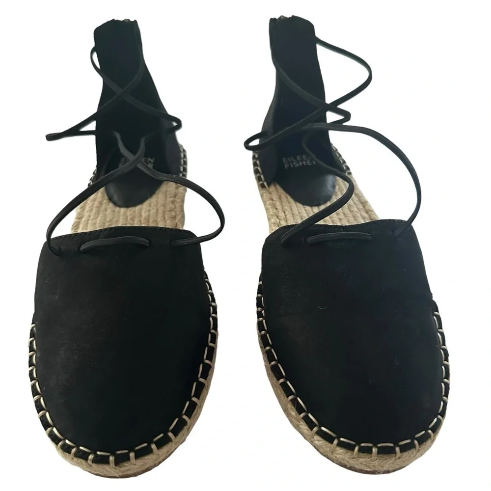 Eileen Fisher Black Leather Espadrille Lace-Up Flats Jute Sole 7 NWOB